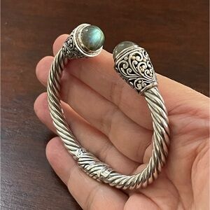 Solid 18K yellow gold & sterling silver labradorite hinged cuff bangle bracelet